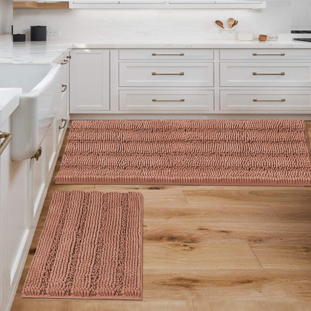 H.VERSAILTEX Grey Bathroom Rug Set Bath Mats, 2 Piece Bath Rugs Non Slip Thick Soft Chenille Striped Bath Rug Set, Bath Mats for Bathroom Sets (Grey, 20" x 32"/17" x 24")