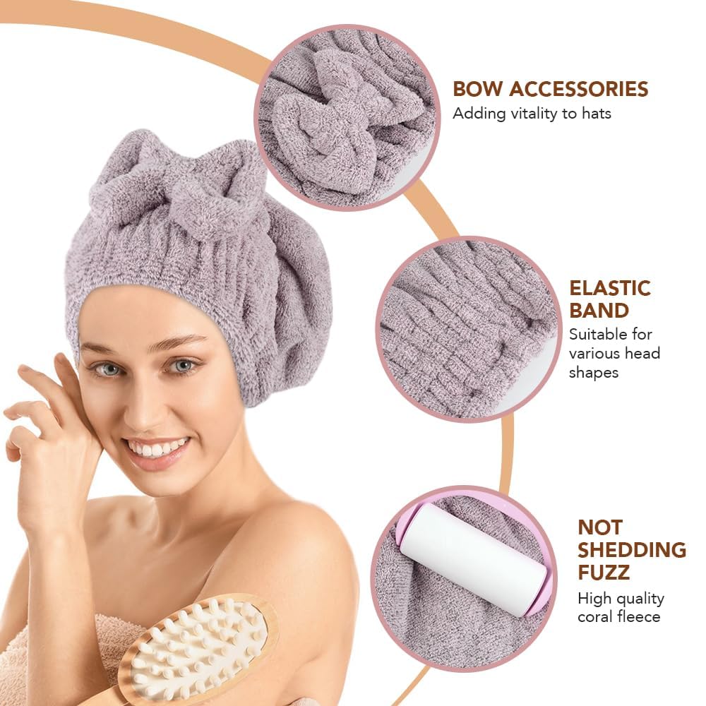 SUNLAND Large Microfiber Hair Drying Caps with Bow Knot 2 Pack Purple