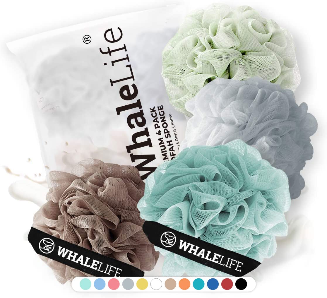 WhaleLife Bath Loofah Sponge for Shower - Body Scrubber 4-Pack Black