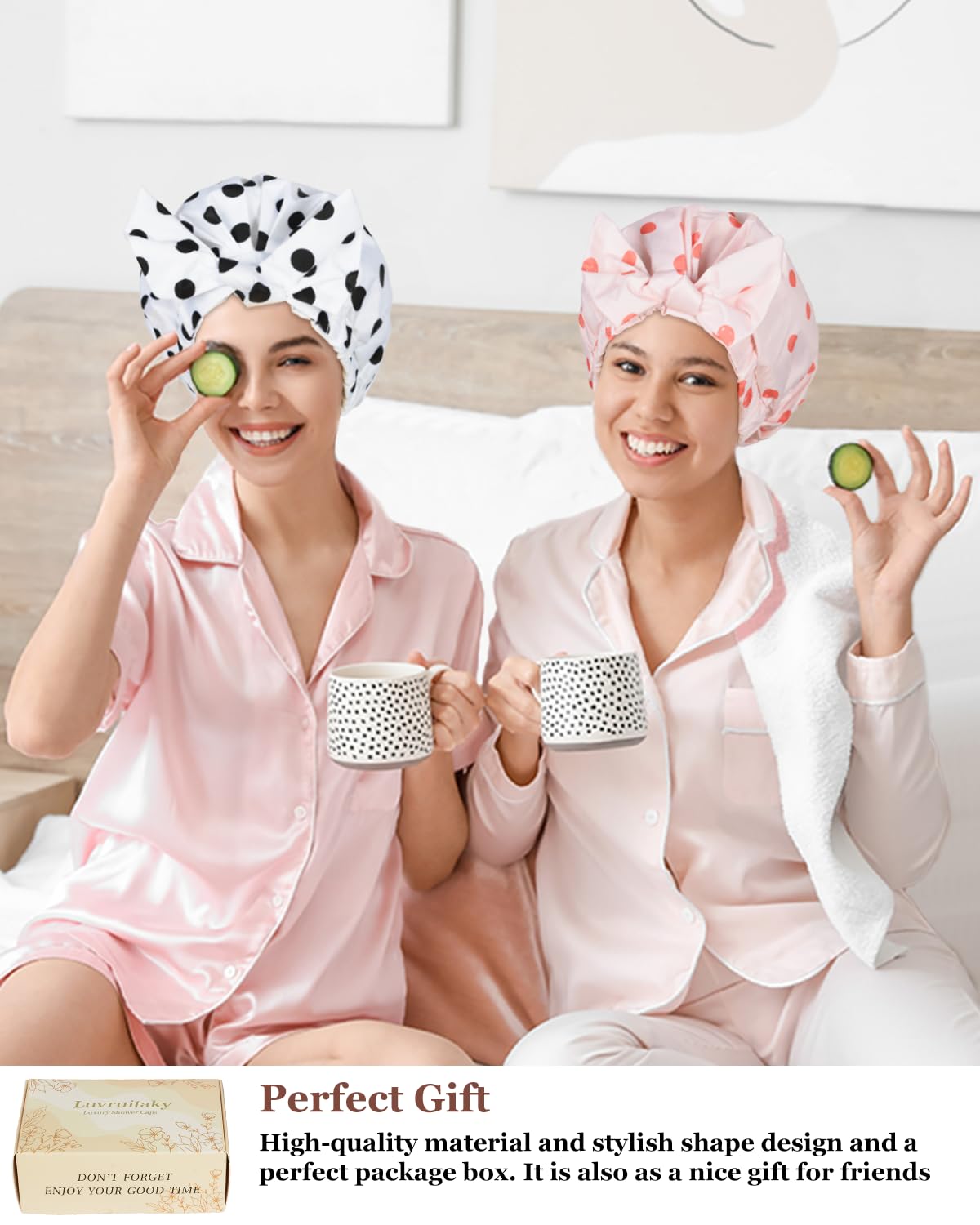 2Pcs Shower Caps for Women Shower Cap Reusable Waterproof Hair Cap for Shower with Adjustable Bowknot Luxury Bath Cap for Women (Black Dot & Pink Dot)