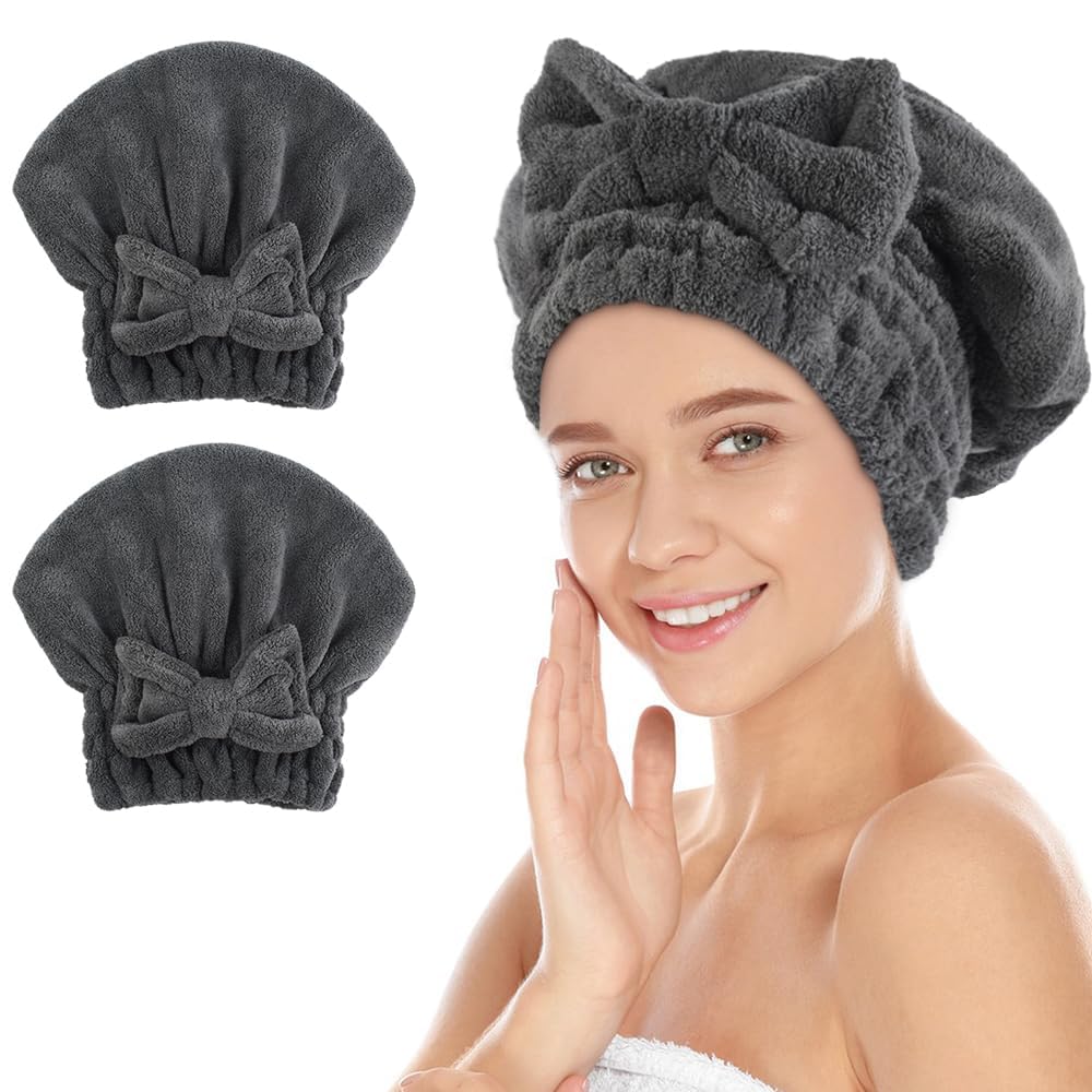 SUNLAND Large Microfiber Hair Drying Caps with Bow Knot 2 Pack Purple