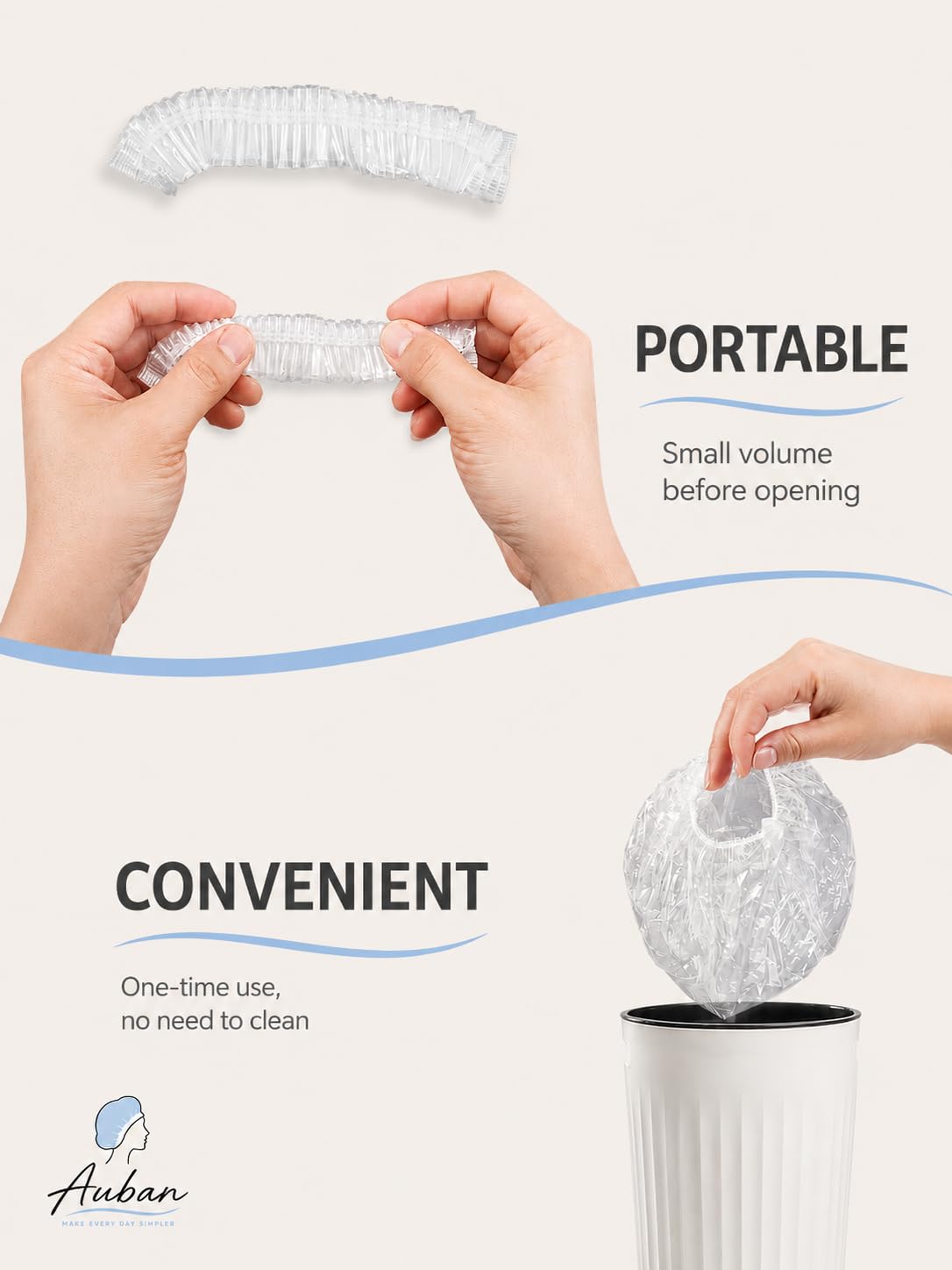 Auban 100PCS Disposable Shower Caps Independent Packing, Plastic Clear Hair Cap Large Thick Waterproof Bath Caps for Women, Travel Essentials Accessories (20.5")