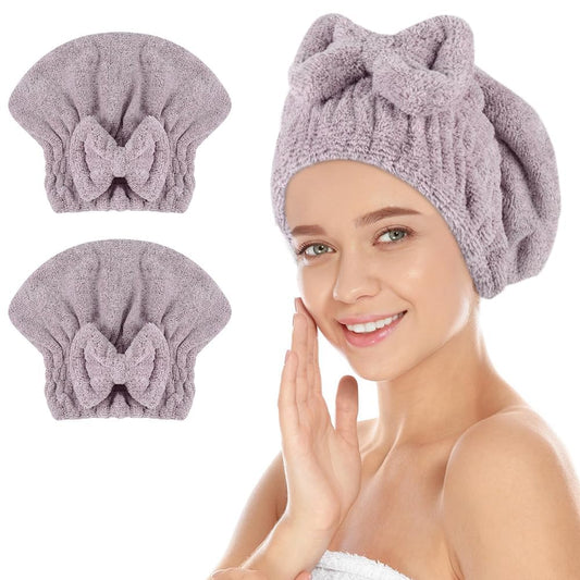 SUNLAND Large Microfiber Hair Drying Caps with Bow Knot 2 Pack Purple