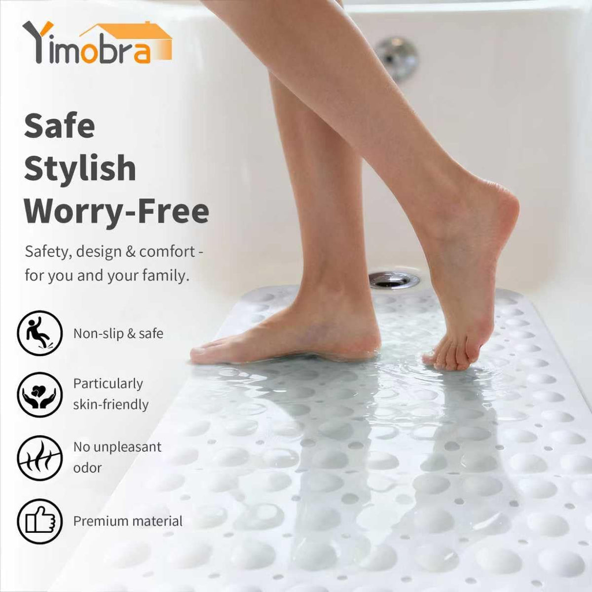 Yimobra White Non Slip Bath Mat for Tub 40x16, Extra Long Bath Tub Mat