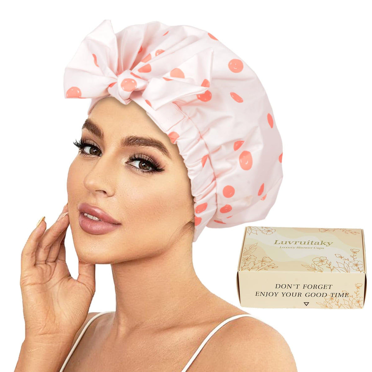 2Pcs Shower Caps for Women Shower Cap Reusable Waterproof Hair Cap for Shower with Adjustable Bowknot Luxury Bath Cap for Women (Black Dot & Pink Dot)