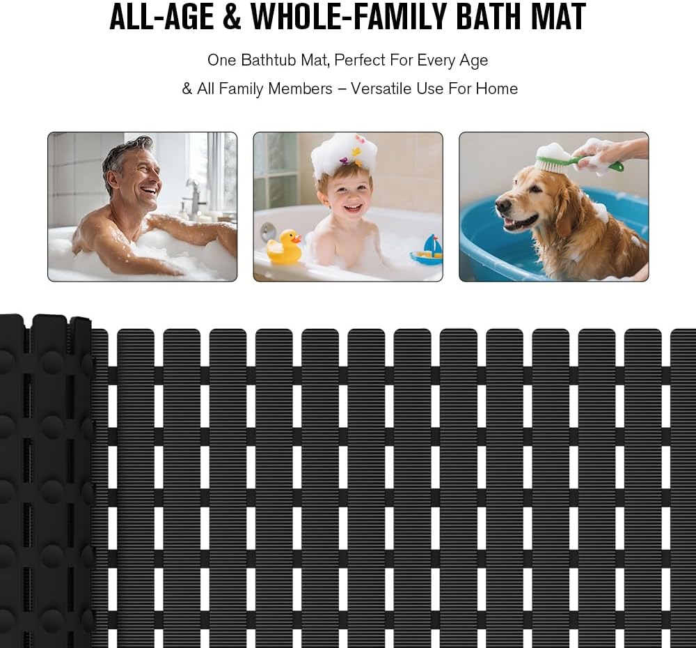 MBOSS Bath Tub Shower Mat Non Slip Bathtub Mats for Bathroom Shower Floor Mat Bath Mats for Shower Tub Anti Slip Shower Mat with Drain Hole and Large Suction Cups (Black, 27.5 X 15.7 Inch)