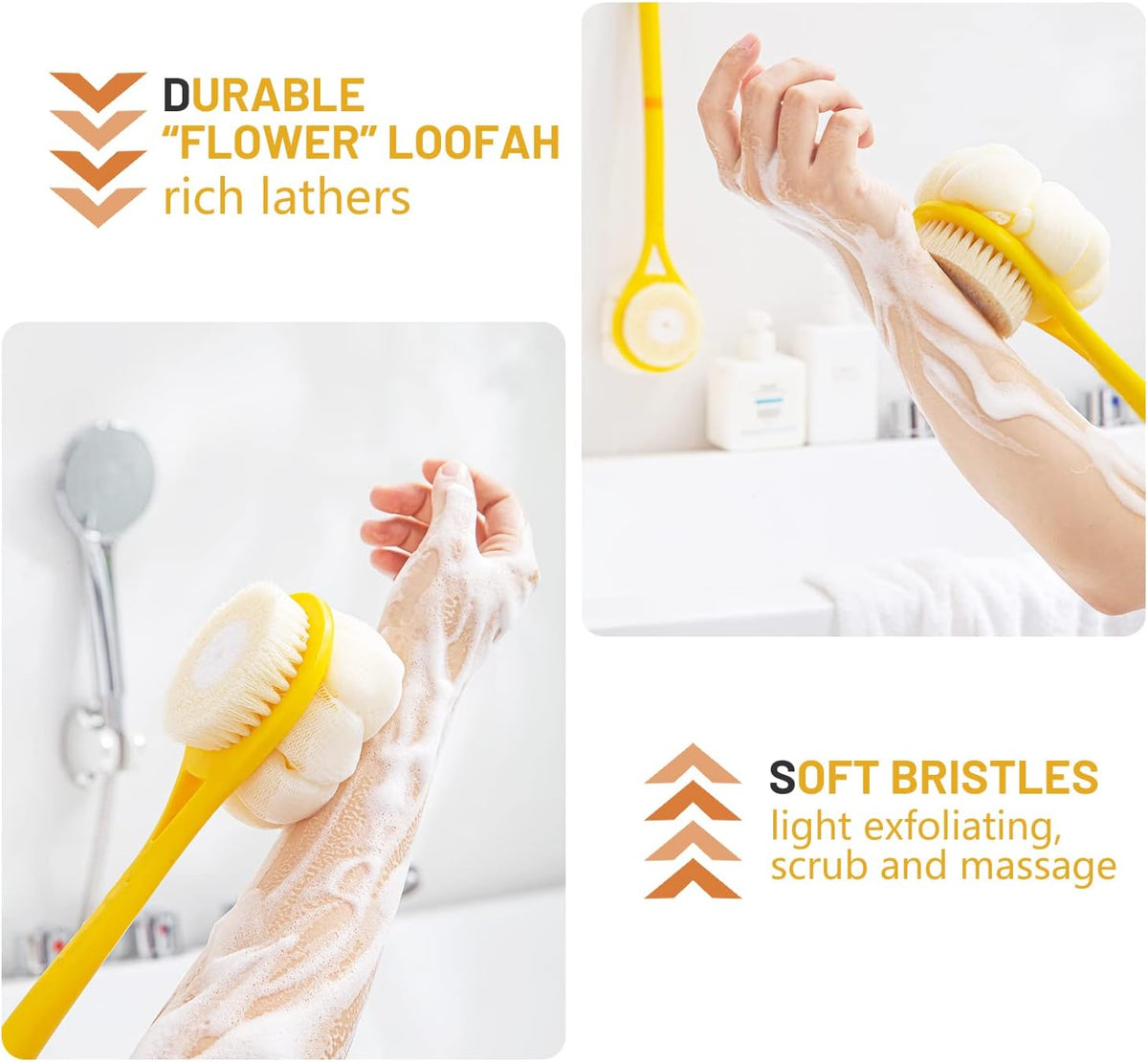 Shower Body Brush,Soft Bristles & Loofah Back Scrubber Bath Mesh Sponge