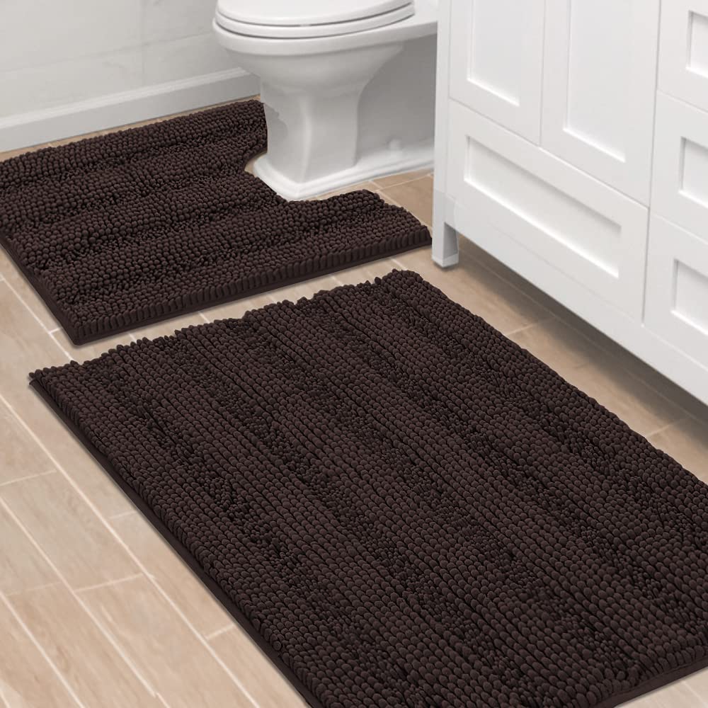 H.VERSAILTEX Grey Bathroom Rug Set Bath Mats, 2 Piece Bath Rugs Non Slip Thick Soft Chenille Striped Bath Rug Set, Bath Mats for Bathroom Sets (Grey, 20" x 32"/17" x 24")