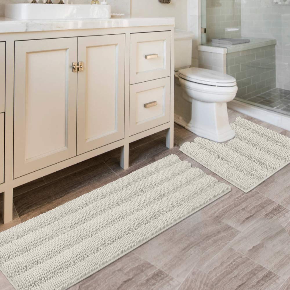 H.VERSAILTEX Grey Bathroom Rug Set Bath Mats, 2 Piece Bath Rugs Non Slip Thick Soft Chenille Striped Bath Rug Set, Bath Mats for Bathroom Sets (Grey, 20" x 32"/17" x 24")