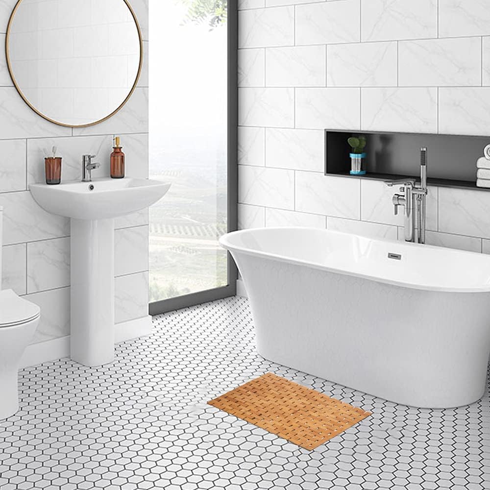 Rayon derived from Bamboo Bath Mat Bathroom Rugs Floor Wood Shower Bathtub Waterproof Non Slip Accessories 16x24 Inch Easy to Clean, Natural, 1 pc