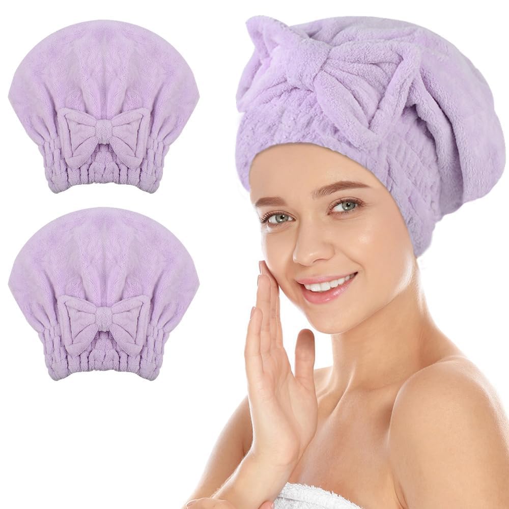 SUNLAND Large Microfiber Hair Drying Caps with Bow Knot 2 Pack Purple