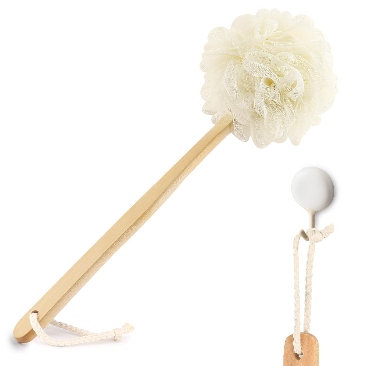 FORENEE Black Loofah on a Stick, PE Mesh Back Scrubber with Wood Handle