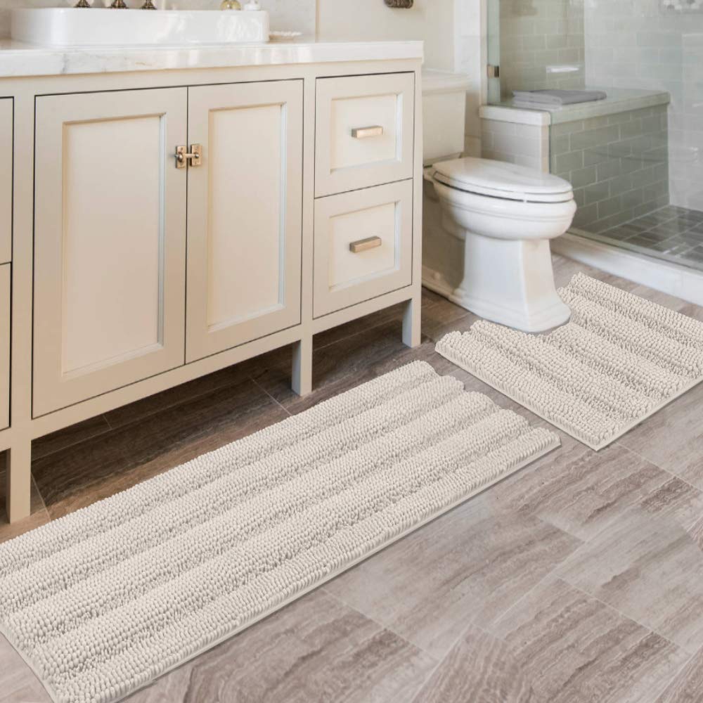 H.VERSAILTEX Grey Bathroom Rug Set Bath Mats, 2 Piece Bath Rugs Non Slip Thick Soft Chenille Striped Bath Rug Set, Bath Mats for Bathroom Sets (Grey, 20" x 32"/17" x 24")
