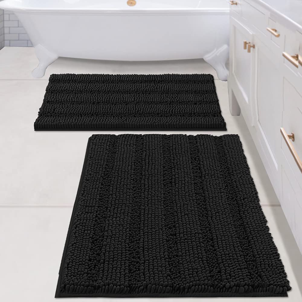 H.VERSAILTEX Grey Bathroom Rug Set Bath Mats, 2 Piece Bath Rugs Non Slip Thick Soft Chenille Striped Bath Rug Set, Bath Mats for Bathroom Sets (Grey, 20" x 32"/17" x 24")