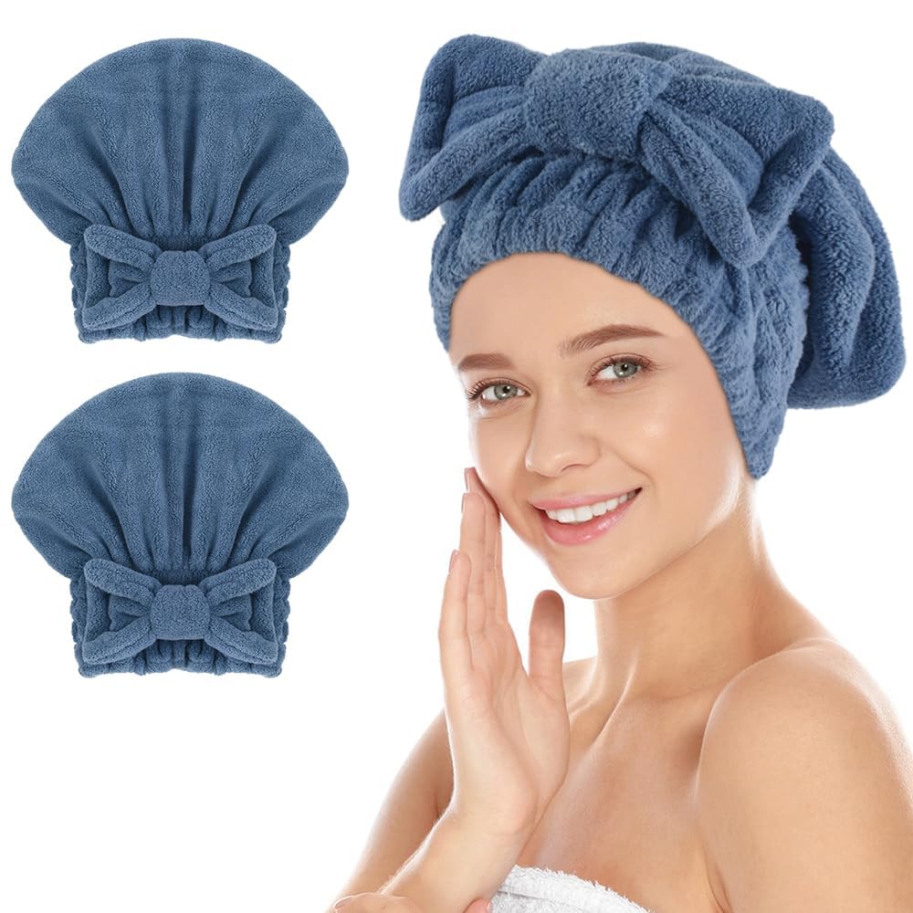 SUNLAND Large Microfiber Hair Drying Caps with Bow Knot 2 Pack Purple