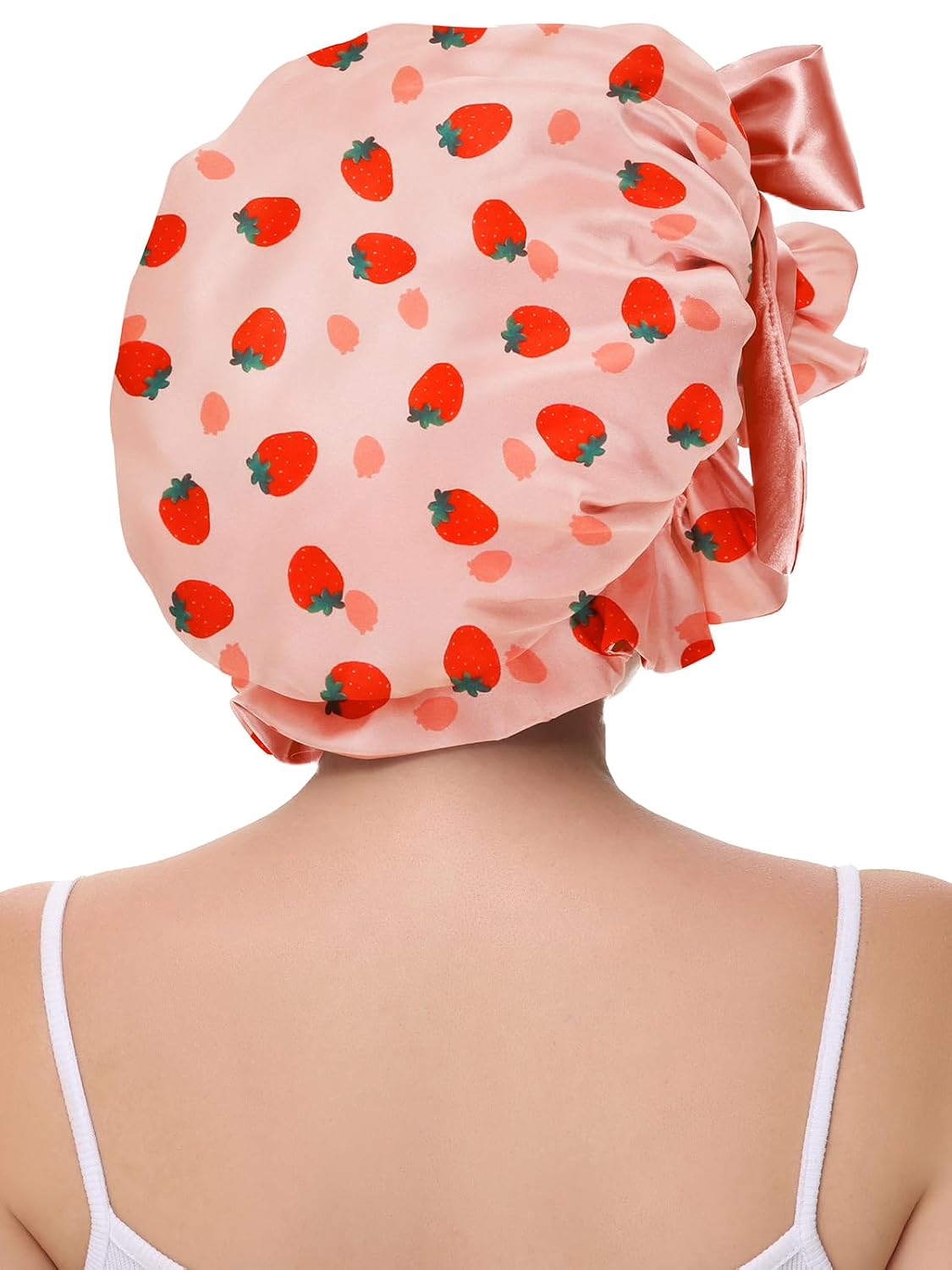 Silk Bonnet for Sleeping Women, Satin Hair Shower Cap 2025 Tie Band Adjustable Straps Head Wrap for Curly Hair Strawberries F