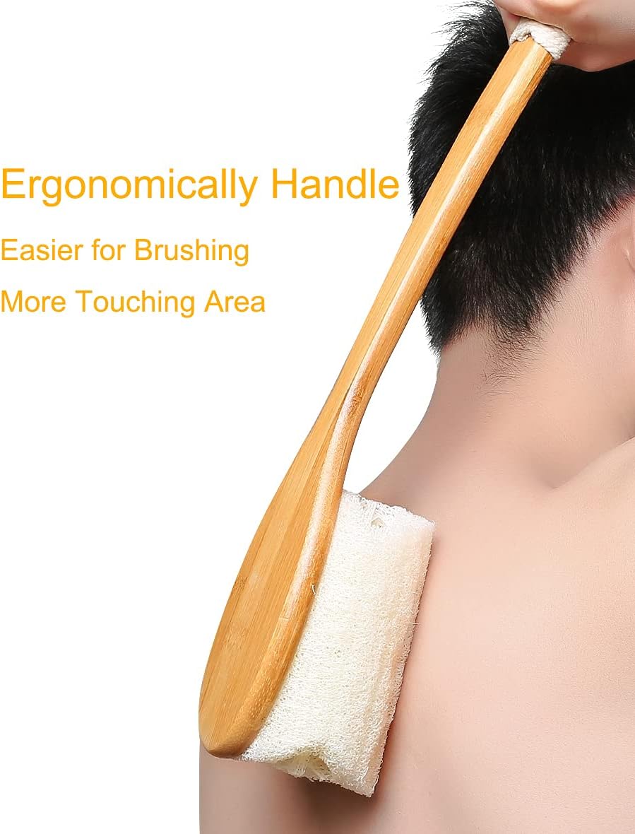 Leotruny 100% Natural Exfoliating Loofah with Long Wooden Handle