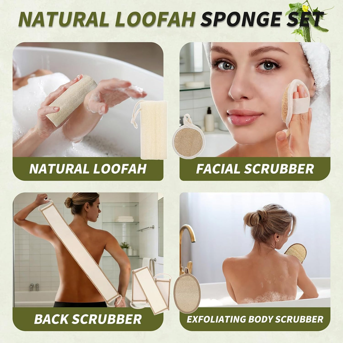 DEBETOOL 4-Piece Natural Loofah Back Scrubber with Face Scrubber Pad