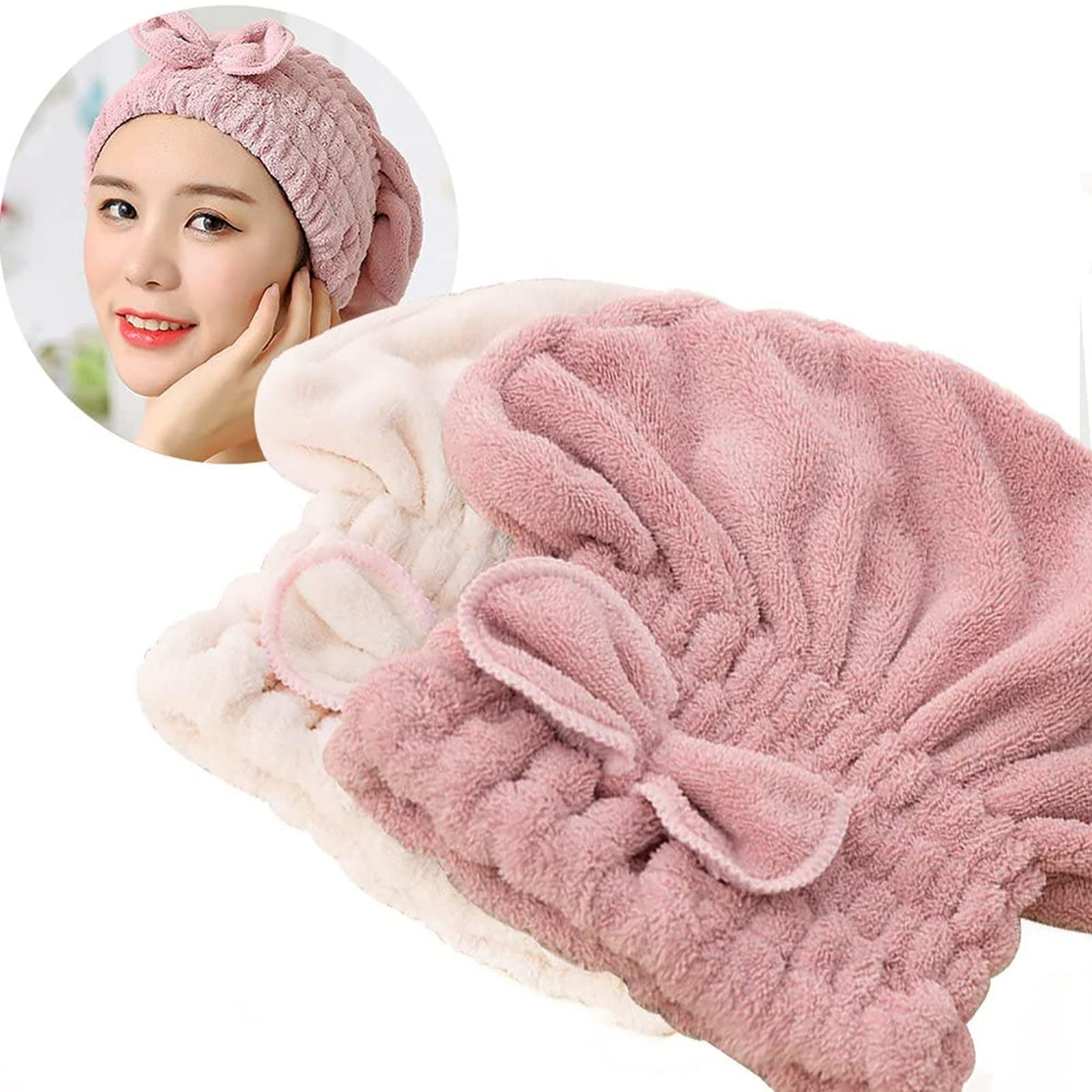 Jseng 2PC Microfiber Hair Drying Caps, Extrame Soft & Ultra Absorbent, Fast Drying Hair Turban Wrap Towels Shower Cap for Girls and Women