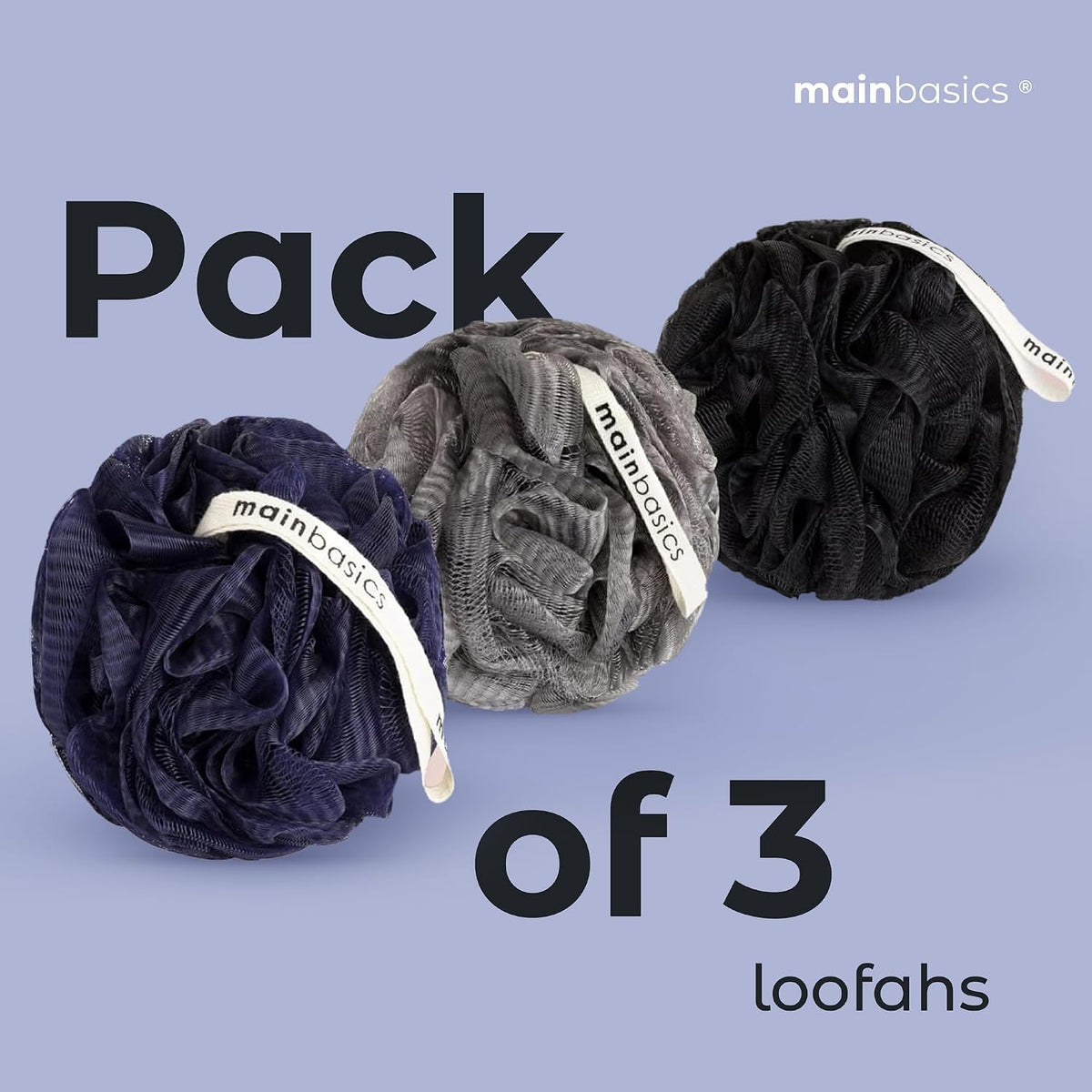 MainBasics Shower Loofah Sponge Pouf, Set of 3, Black Ice