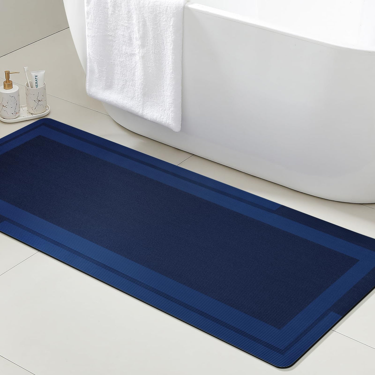 ACCUMTEK Non Slip Bath Mat, Thin Bathroom Rugs Fit Under Door, Quick Dry Bath Mats, Machine Washable Bath Rugs for Bathroom, Bathtub & Kitchen, Grey/Bordered/24 x17
