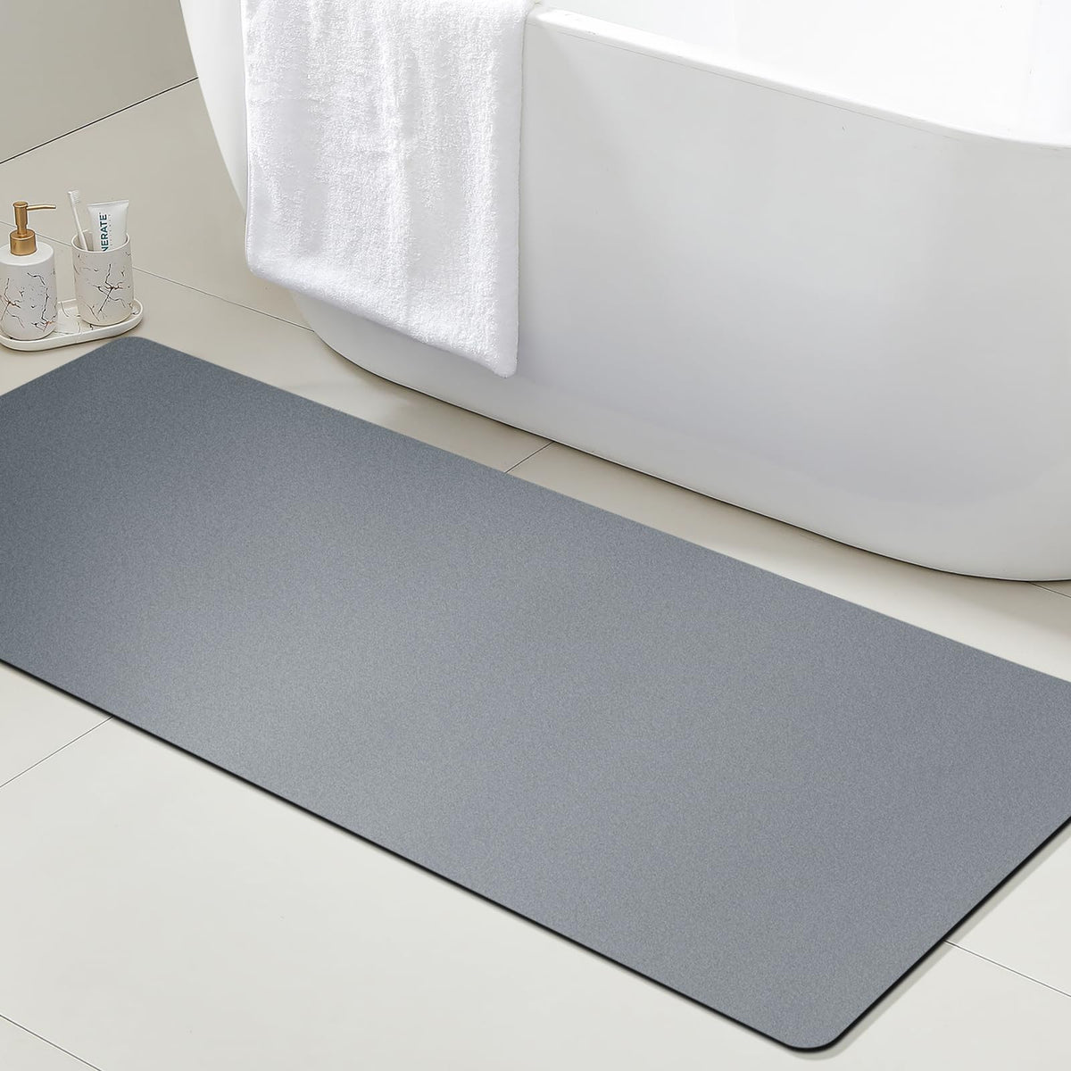 ACCUMTEK Non Slip Bath Mat, Thin Bathroom Rugs Fit Under Door, Quick Dry Bath Mats, Machine Washable Bath Rugs for Bathroom, Bathtub & Kitchen, Grey/Bordered/24 x17