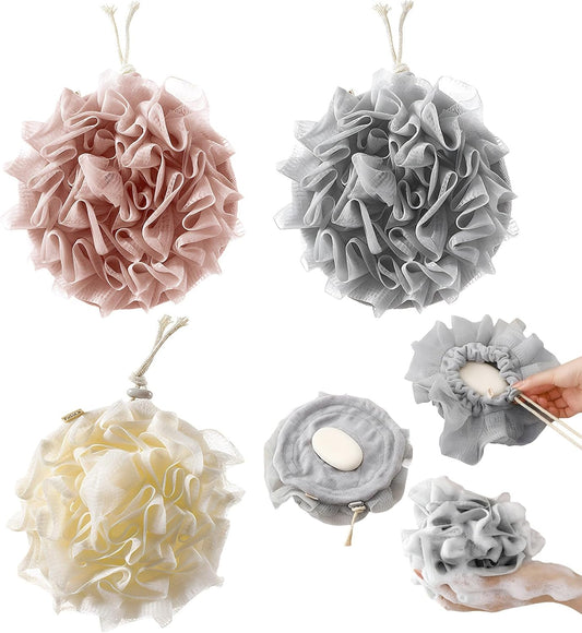 3 PCS Bar Soap Loofah Pouch, New 2 in 1 Drawstring Loofah Soap Holder, Exfoliation Mesh Shower Ball for Cleansing and Smooth Skin (Beige+Grey+Pink)