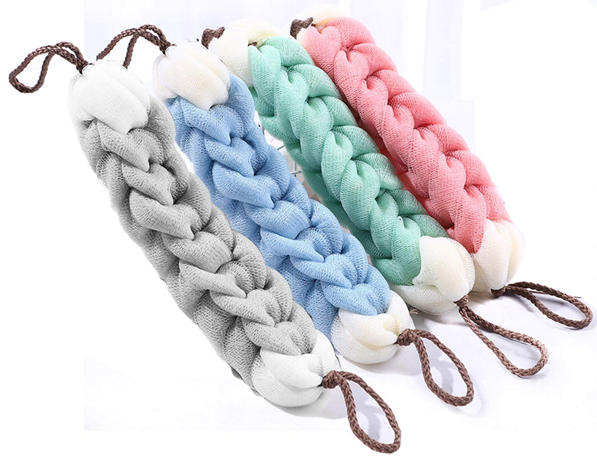 AARainbow 4 Packs Long Stretch Back Sponge with Rope Handles Back Scrubber Bath Shower Mesh Sponge Exfoliating Body Scrub Stretch Braided Loofah for Men and Women (B-1 Grey+1 Green+1 Pink+1 Coffee)