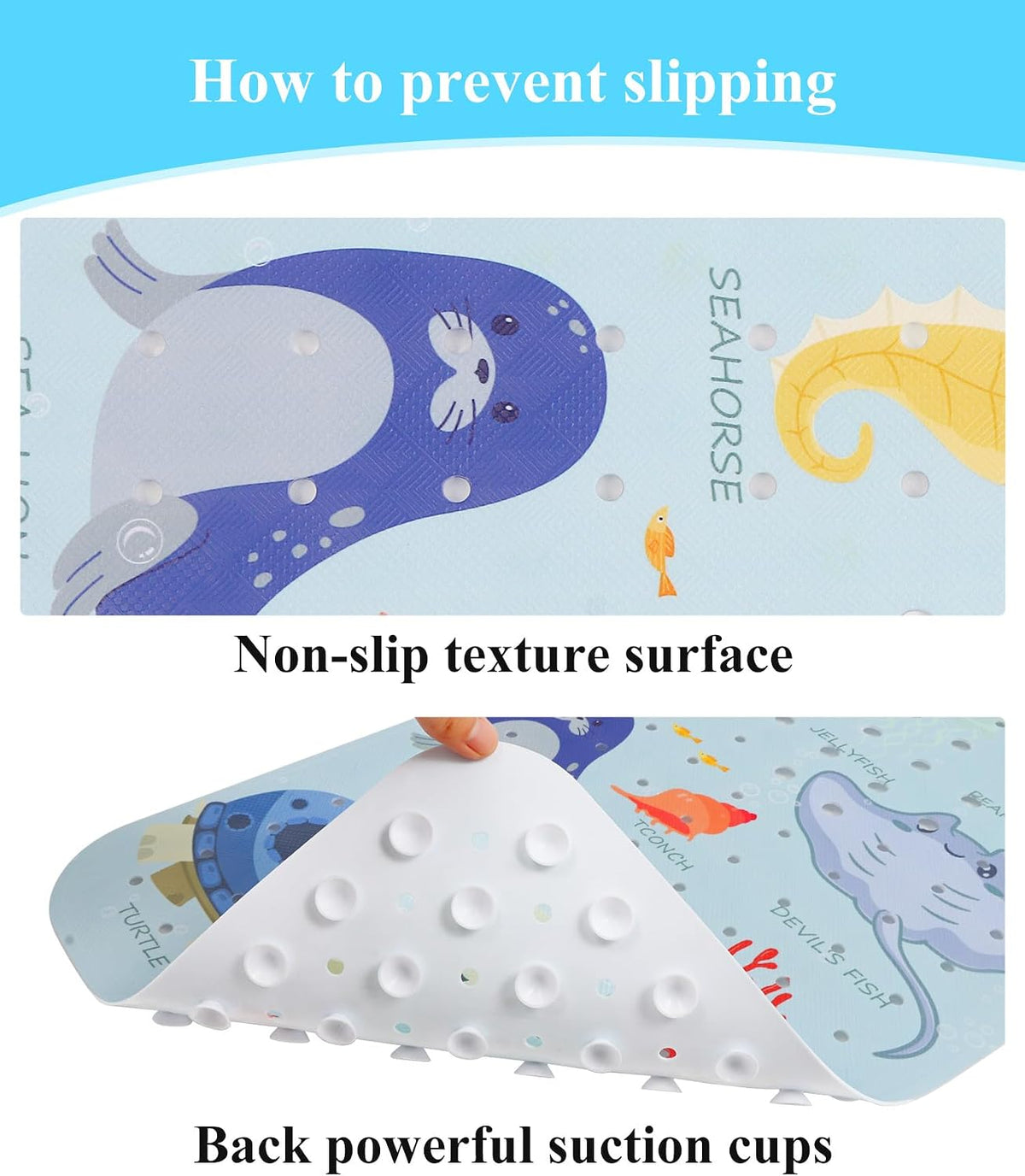 Secopad Bathtub Mat Non Slip, Cute Tub Mat, 40" x 16", Blue Sea Animals