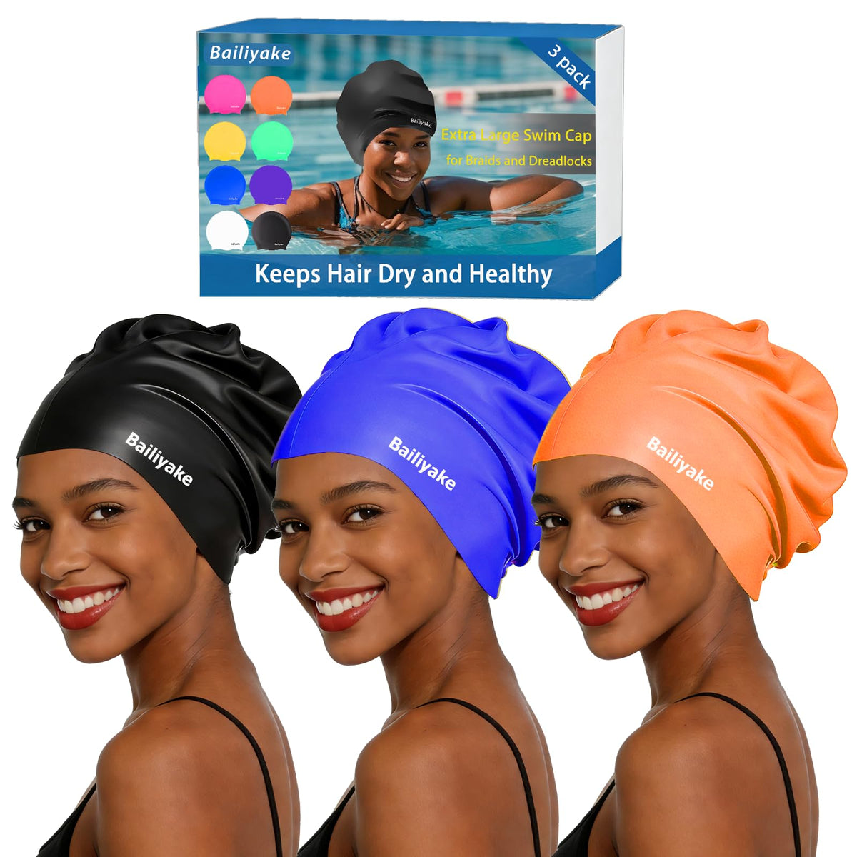 3 Pack Extra Large Swim Cap for Braids & Dreadlocks - Waterproof Silicone Swim Hat for Women with Long Thick Hair, Protective Swim Cap Cover Ears for Swimming, Shower, Bathing