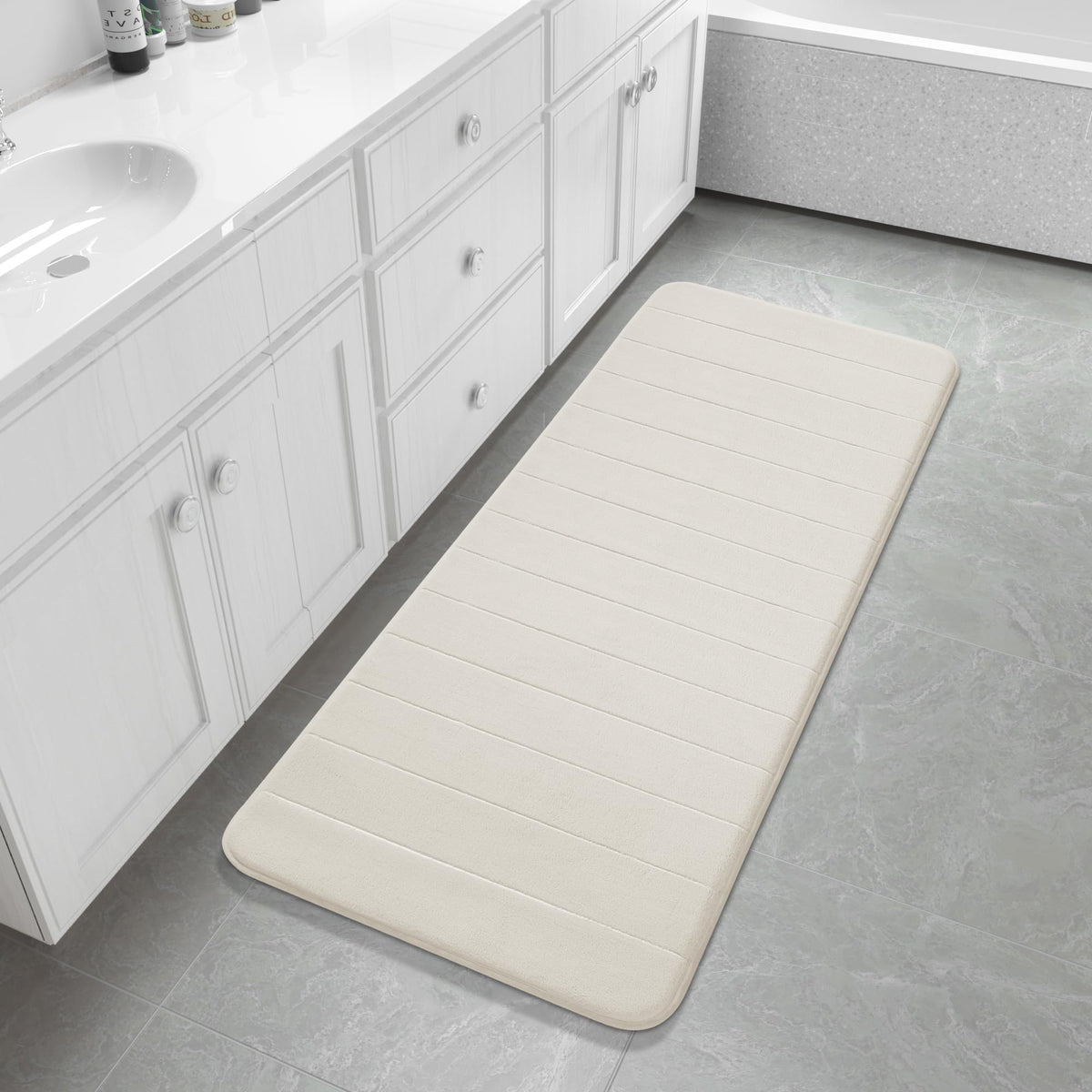 Yimobra Memory Foam Bath Mat, Super Soft Absorbent Bathroom Rug Non Slip 31.5x20 Inch, Quick Dry, Machine Washable Floor Carpet for Tub Shower, Home Decor Accessories, Beige