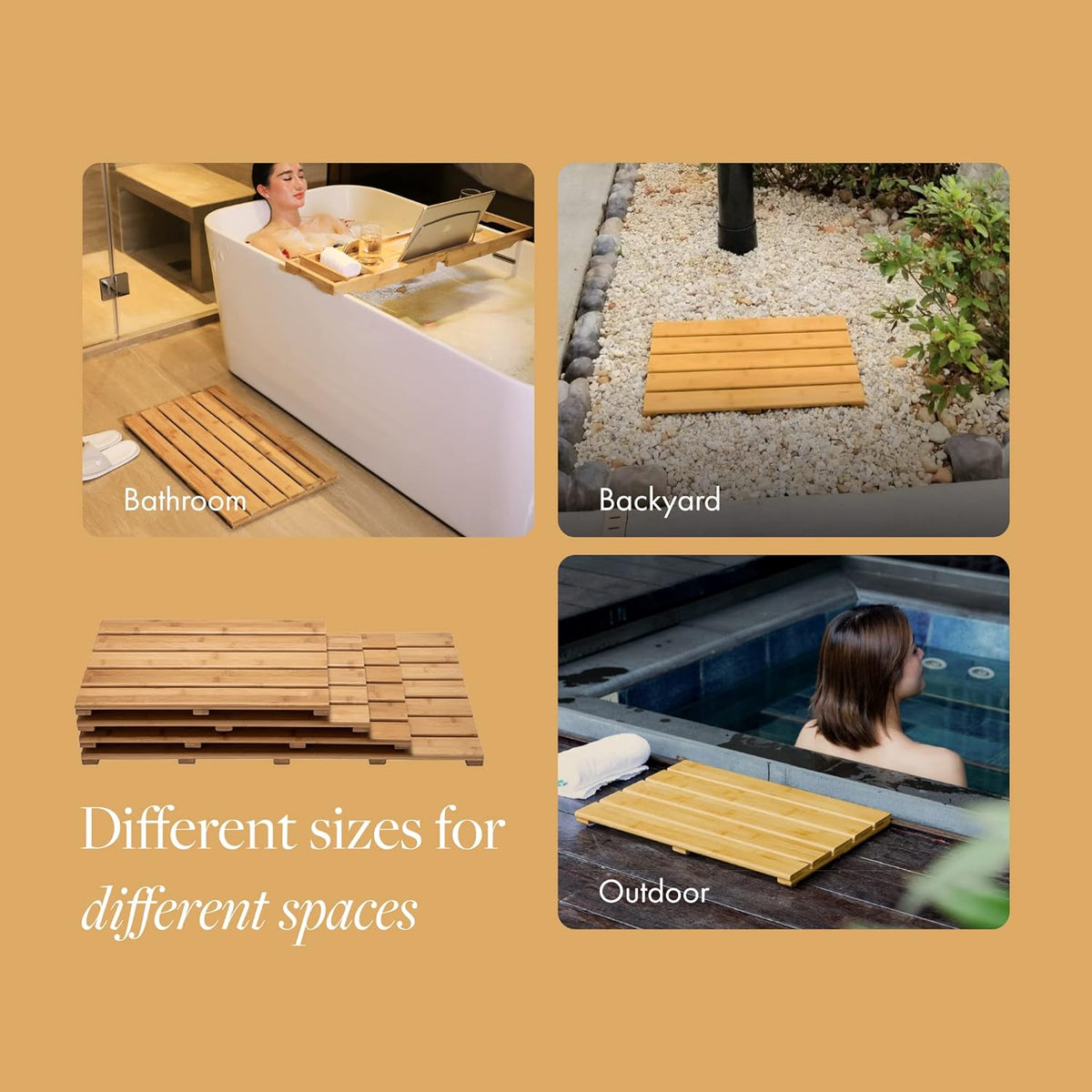 GOBAM Natural Bamboo Bath Mat - Non-Slip Shower & Bathtub Mat, Easy Clean Indoor & Outdoor Floor Mat for Spa, Sauna, Pool - Small 19.7 x 13 inches