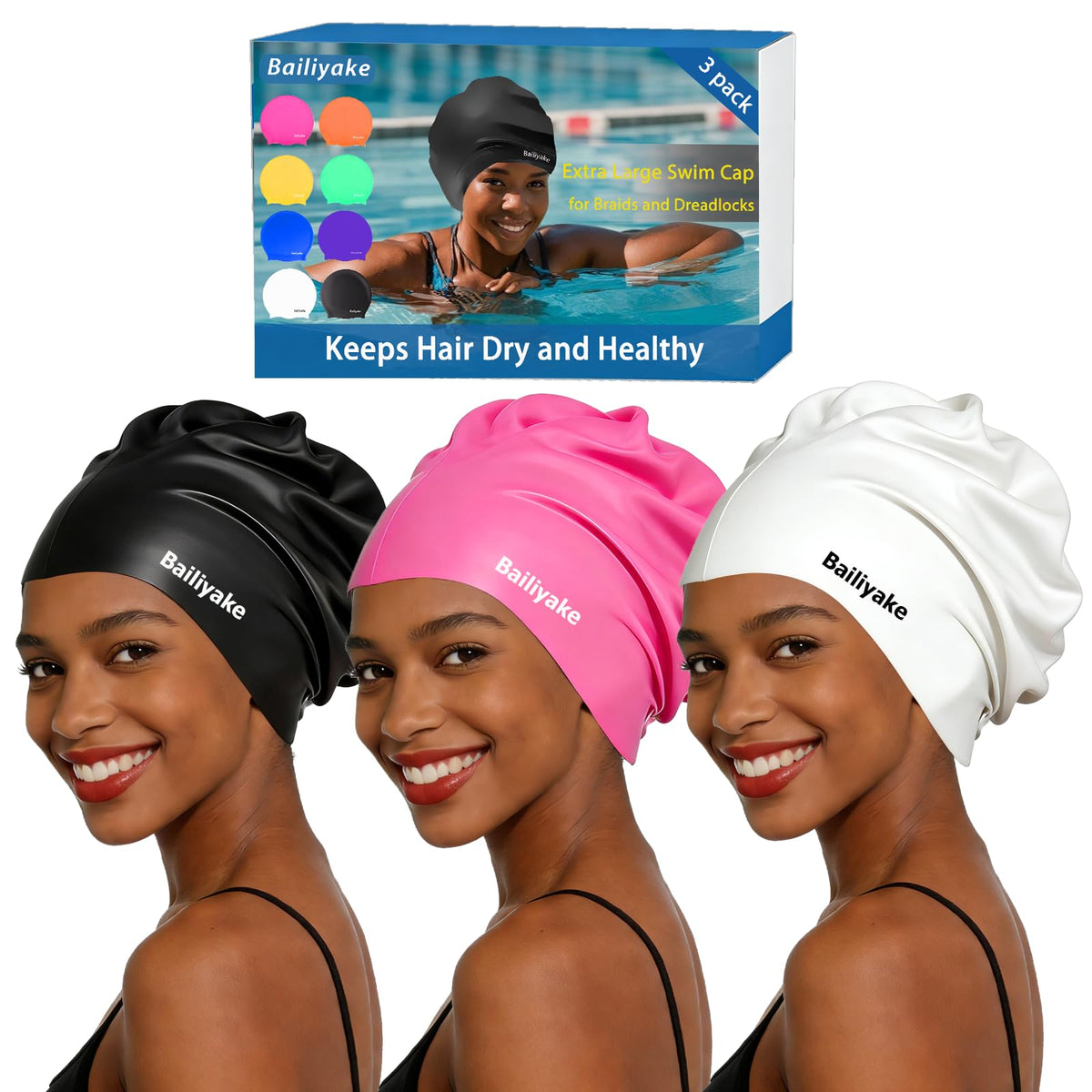 3 Pack Extra Large Swim Cap for Braids & Dreadlocks - Waterproof Silicone Swim Hat for Women with Long Thick Hair, Protective Swim Cap Cover Ears for Swimming, Shower, Bathing