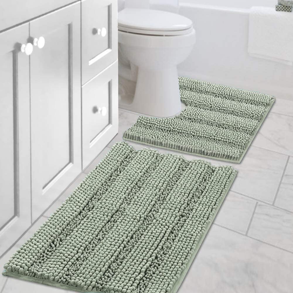 H.VERSAILTEX Grey Bathroom Rug Set Bath Mats, 2 Piece Bath Rugs Non Slip Thick Soft Chenille Striped Bath Rug Set, Bath Mats for Bathroom Sets (Grey, 20" x 32"/17" x 24")