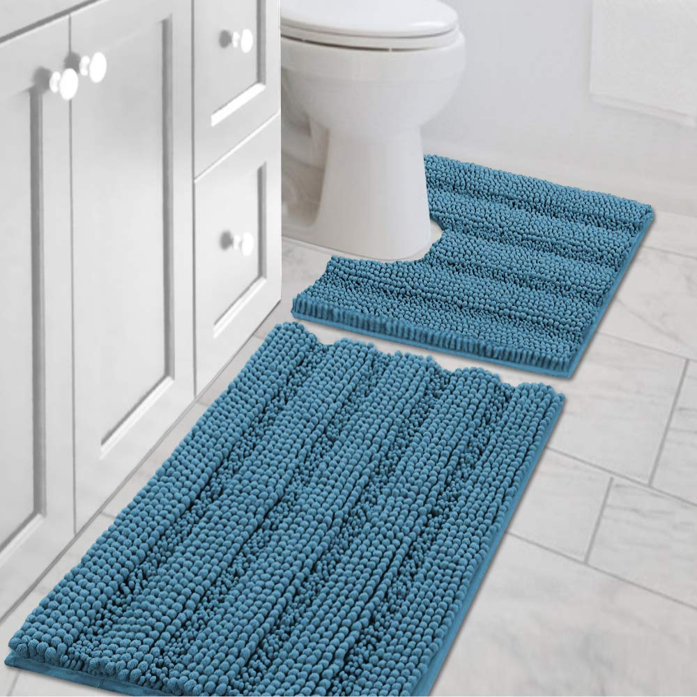 H.VERSAILTEX Grey Bathroom Rug Set Bath Mats, 2 Piece Bath Rugs Non Slip Thick Soft Chenille Striped Bath Rug Set, Bath Mats for Bathroom Sets (Grey, 20" x 32"/17" x 24")