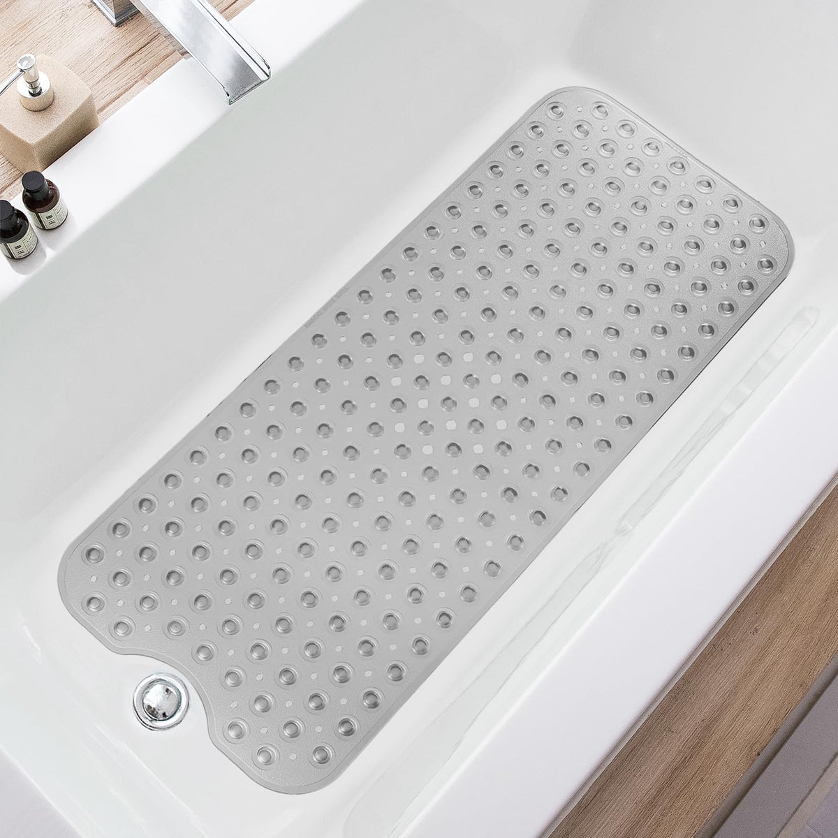 TEESHLY Bath Tub and Shower Mats, Non-Slip 39 x 16 Inch Extra Long Bathtub Mat, Machine Washable BathMat with Drain Holes, Suction Cups for Bathroom (Opaque White)