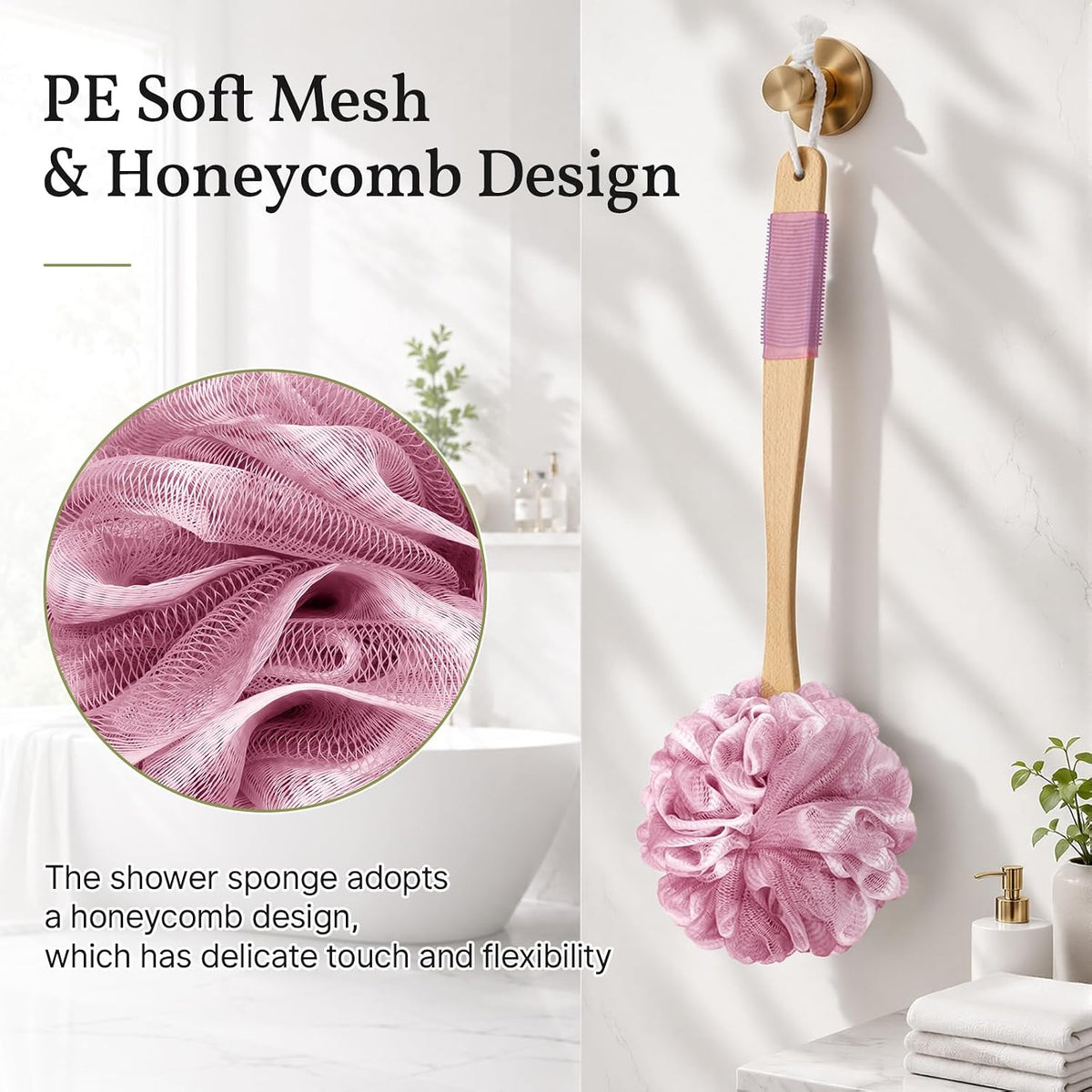 AmazerBath Loofah Back Scrubber for Shower, Loofah Sponge with Handle, Pink