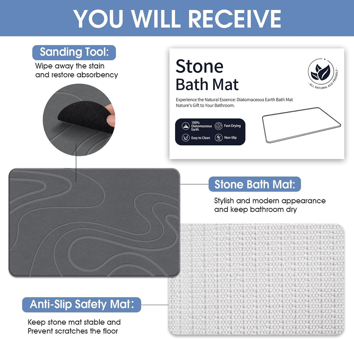 VEELOIM Stone Bath Mat, Diatomaceous Earth Bath Mat, Shower Mat Grey