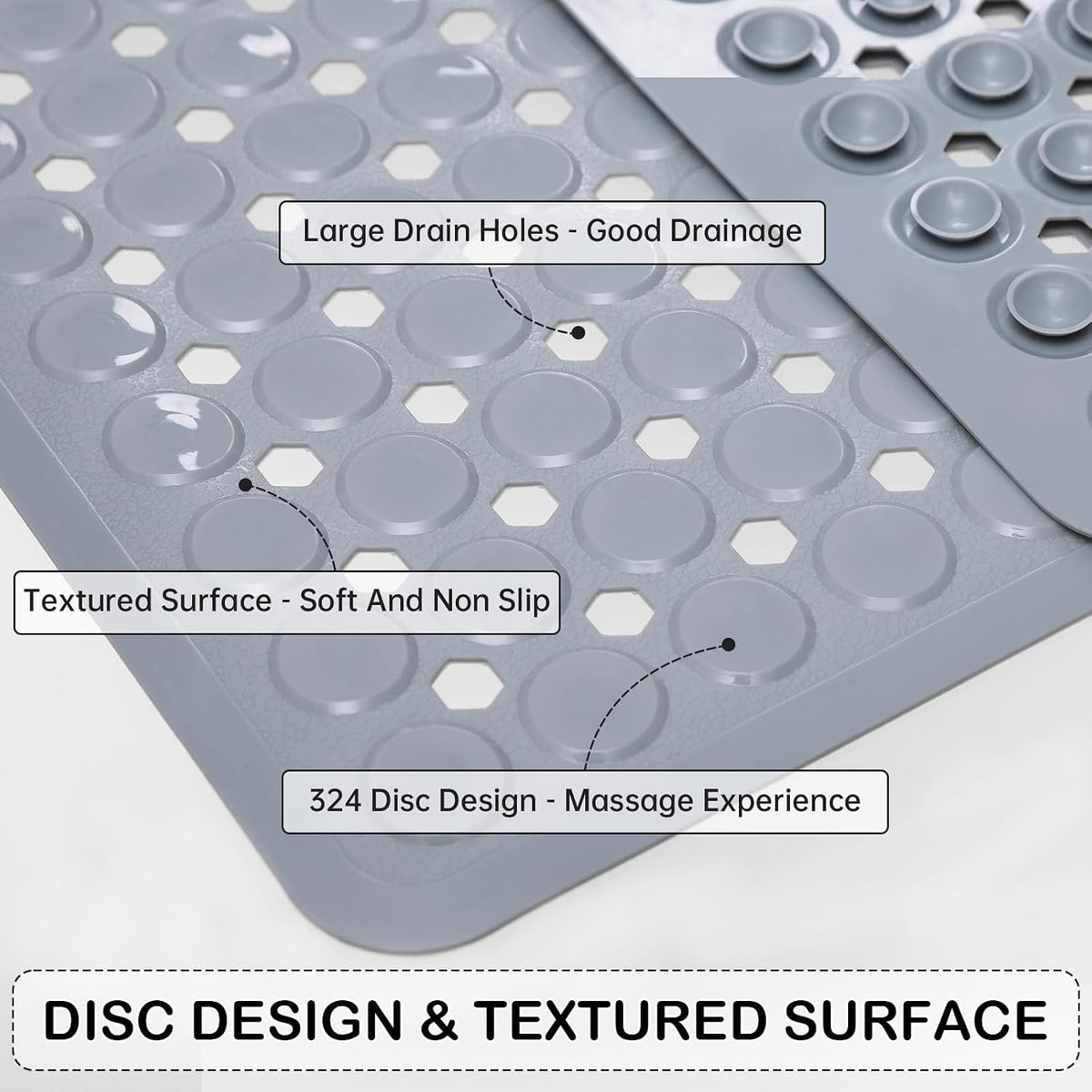 Non-Slip Bathtub and Shower Mats, Power Grip Bath Mat 35 x 16.3 Inch with Suction Cups and Drain Holes for Tub Bathroom Floor Safety, Machine Washable Soft Bathmat, Gray