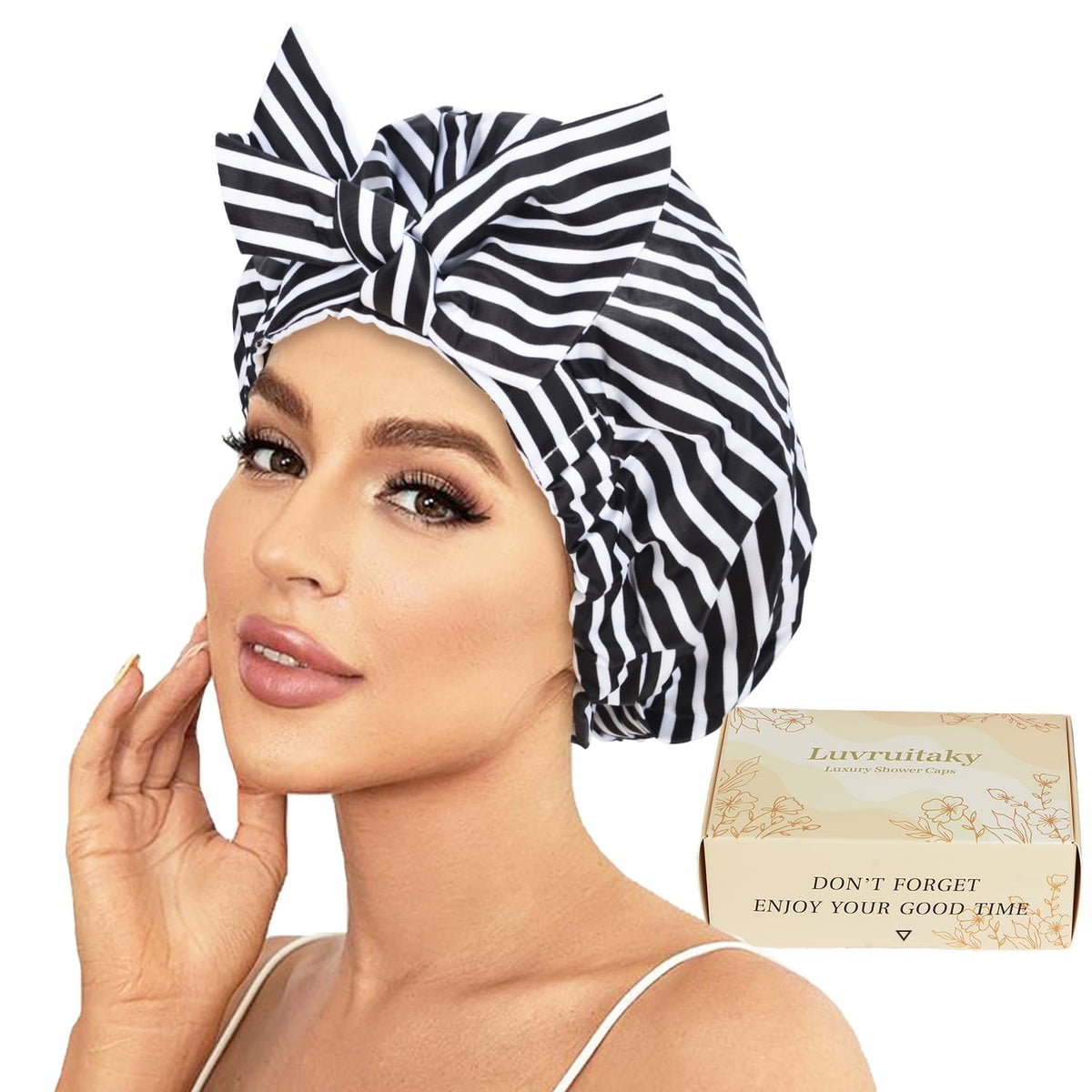 2Pcs Shower Caps for Women Shower Cap Reusable Waterproof Hair Cap for Shower with Adjustable Bowknot Luxury Bath Cap for Women (Black Dot & Pink Dot)