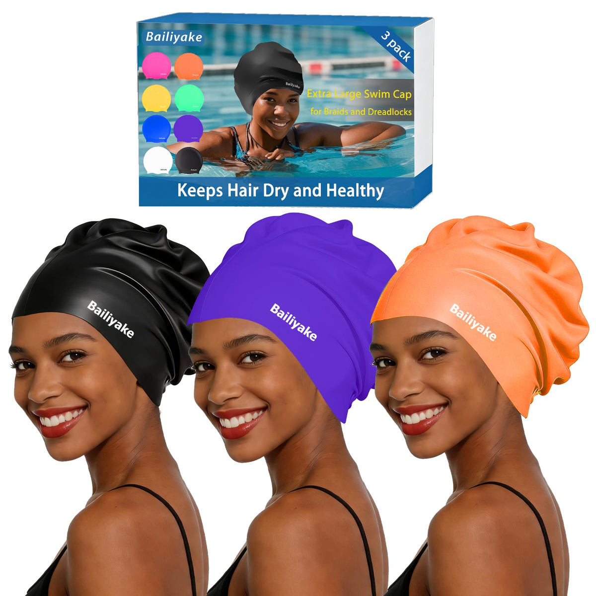 3 Pack Extra Large Swim Cap for Braids & Dreadlocks - Waterproof Silicone Swim Hat for Women with Long Thick Hair, Protective Swim Cap Cover Ears for Swimming, Shower, Bathing
