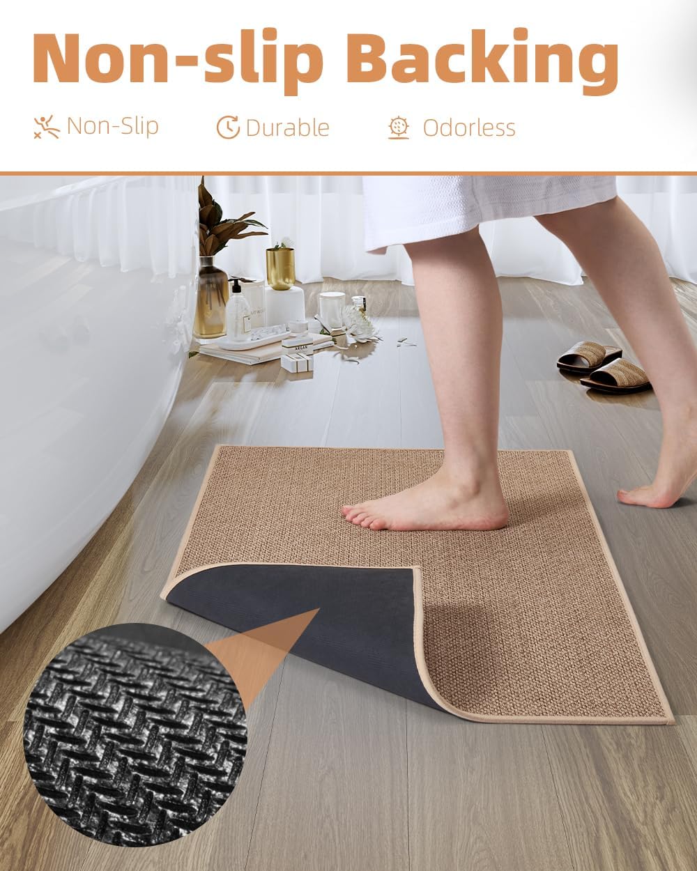 PADOOR Non-Slip Bath Mat, Braided Absorbent Bathroom Mat, 17''x24'' Beige