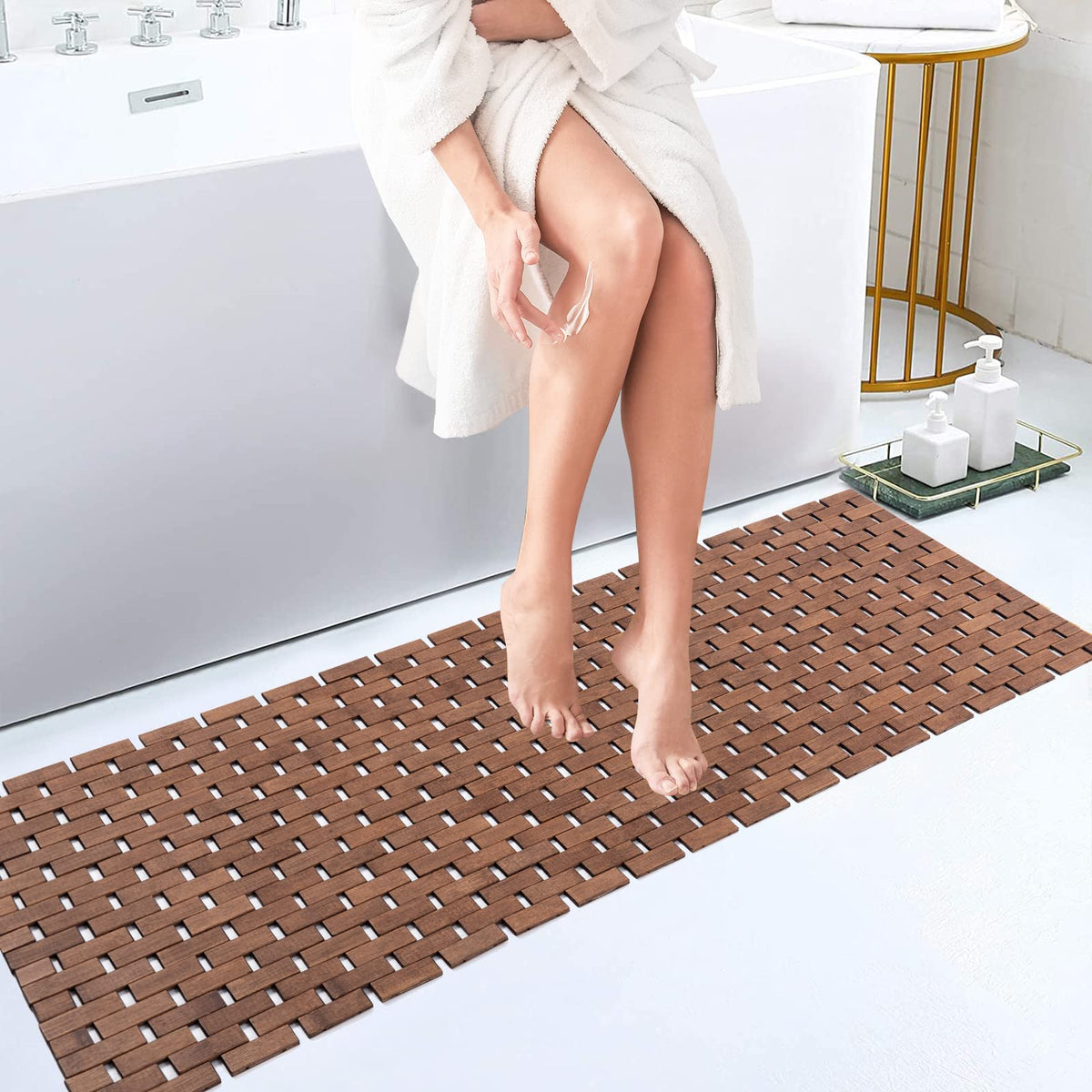 Rayon derived from Bamboo Bath Mat Bathroom Rugs Floor Wood Shower Bathtub Waterproof Non Slip Accessories 16x24 Inch Easy to Clean, Natural, 1 pc