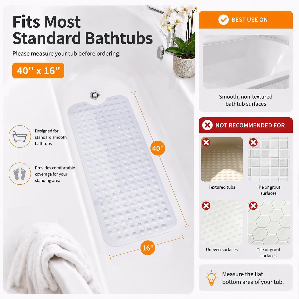 Yimobra White Non Slip Bath Mat for Tub 40x16, Extra Long Bath Tub Mat