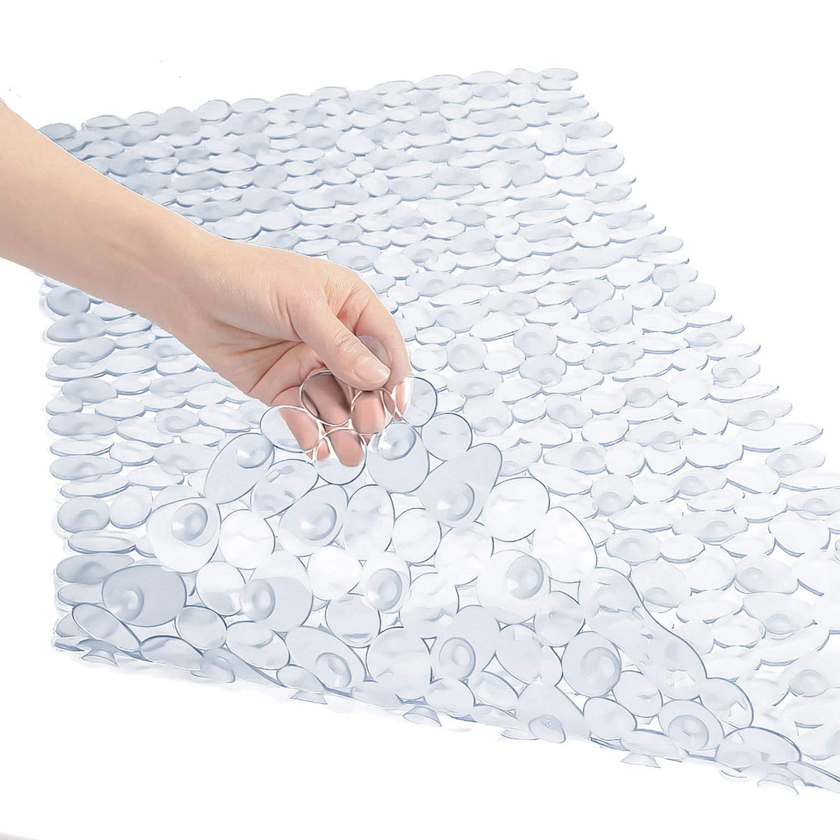 WELTRXE Pebbles Bath Mat Clear Non-Slip Bathtub Mat with Suction Cups, Drain Holes for Bathroom Showers, Tub, Machine Washable, BPA, Latex Free Safe Shower Mats, Oval 27 x 14 Inch