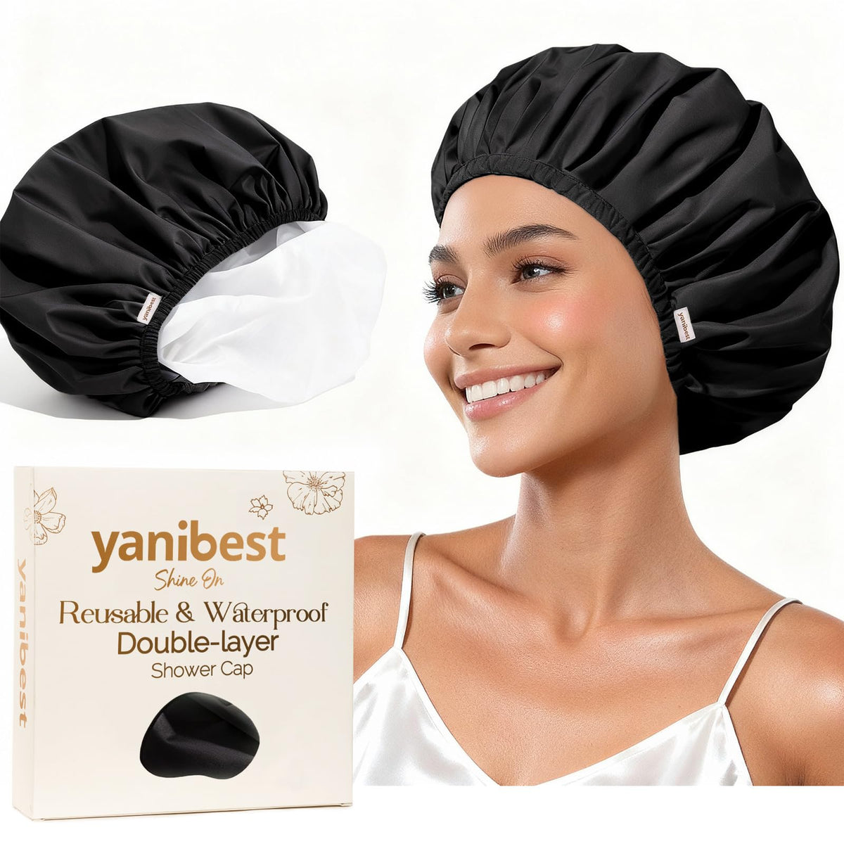 Yanibest Shower Cap Reusable Waterproof, Double Layer Shower Caps for Women