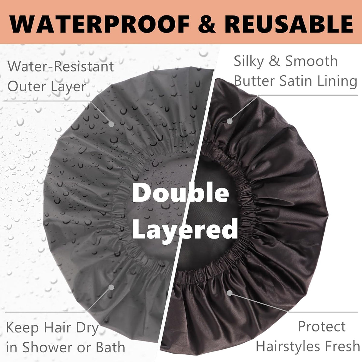 Shower Cap for Women Men Reusable Waterproof Bath Cap for Long Hair Braids