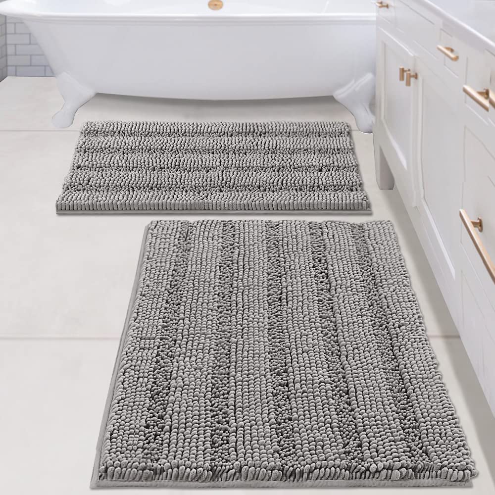 H.VERSAILTEX Grey Bathroom Rug Set Bath Mats, 2 Piece Bath Rugs Non Slip Thick Soft Chenille Striped Bath Rug Set, Bath Mats for Bathroom Sets (Grey, 20" x 32"/17" x 24")