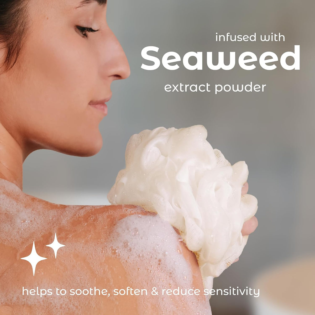 MainBasics Shower Loofah Sponge Pouf, Set of 3, Seaweed Infused