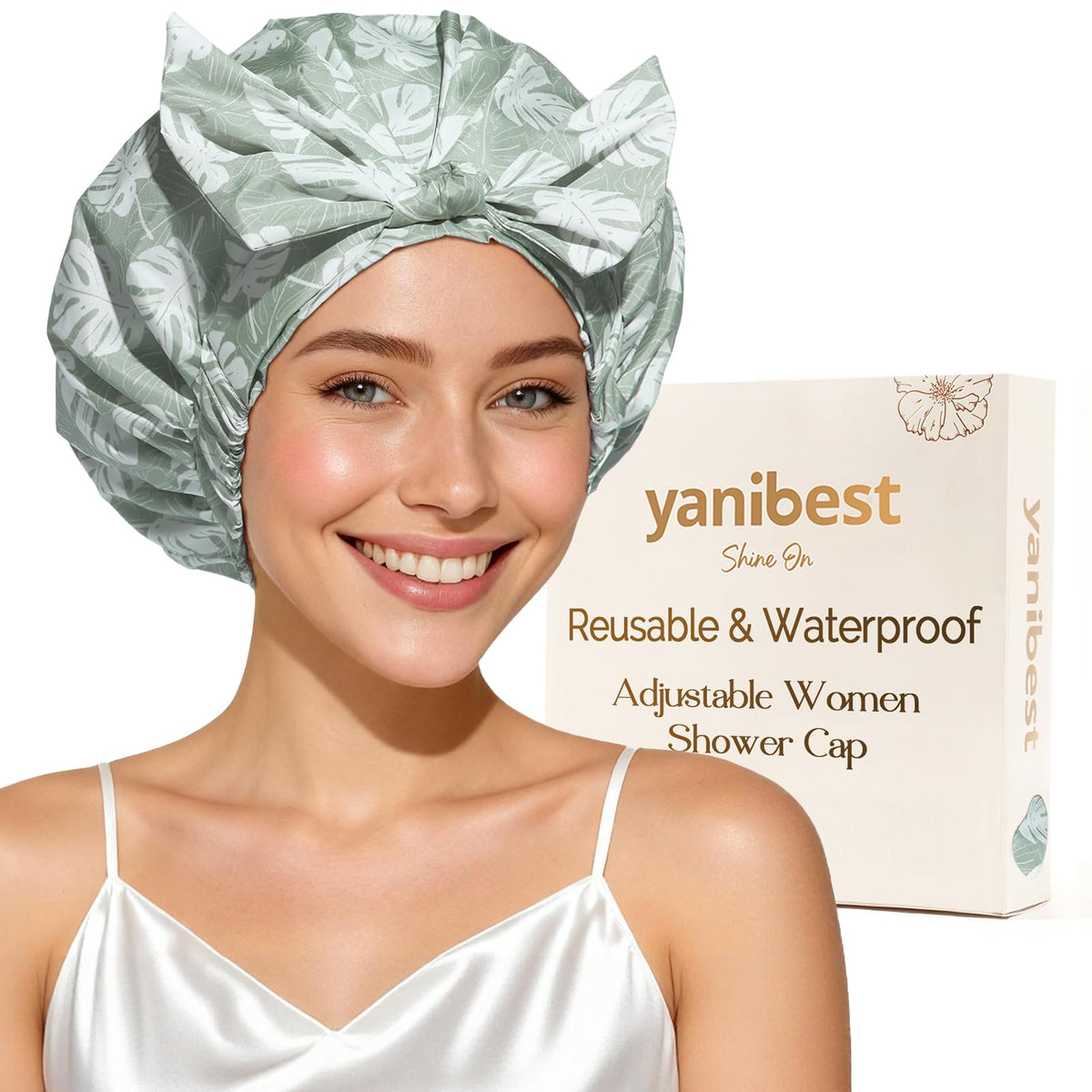 Yanibest Shower Cap for Women Reusable Waterproof, Adjustable Hair Cap